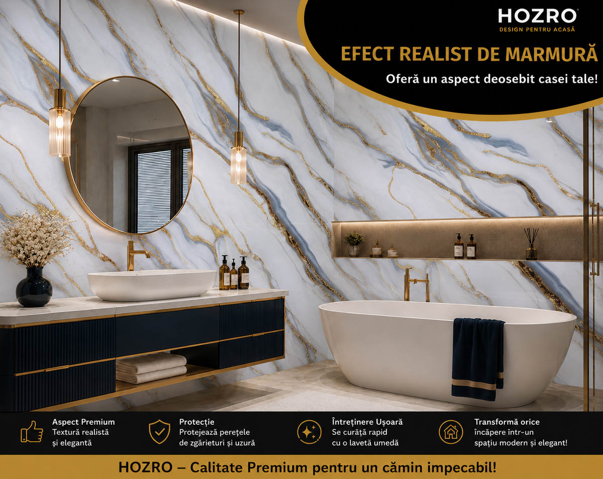 Tapet Autocolant 3D Imitație Marmură Albastru Deschis/Auriu – imagine 1