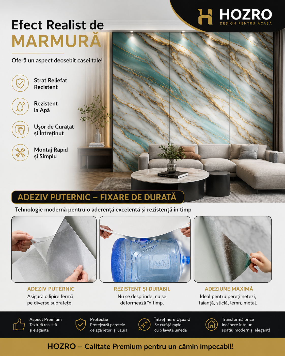 Tapet Autocolant 3D Imitație Marmură Verde/Auriu – imagine 5