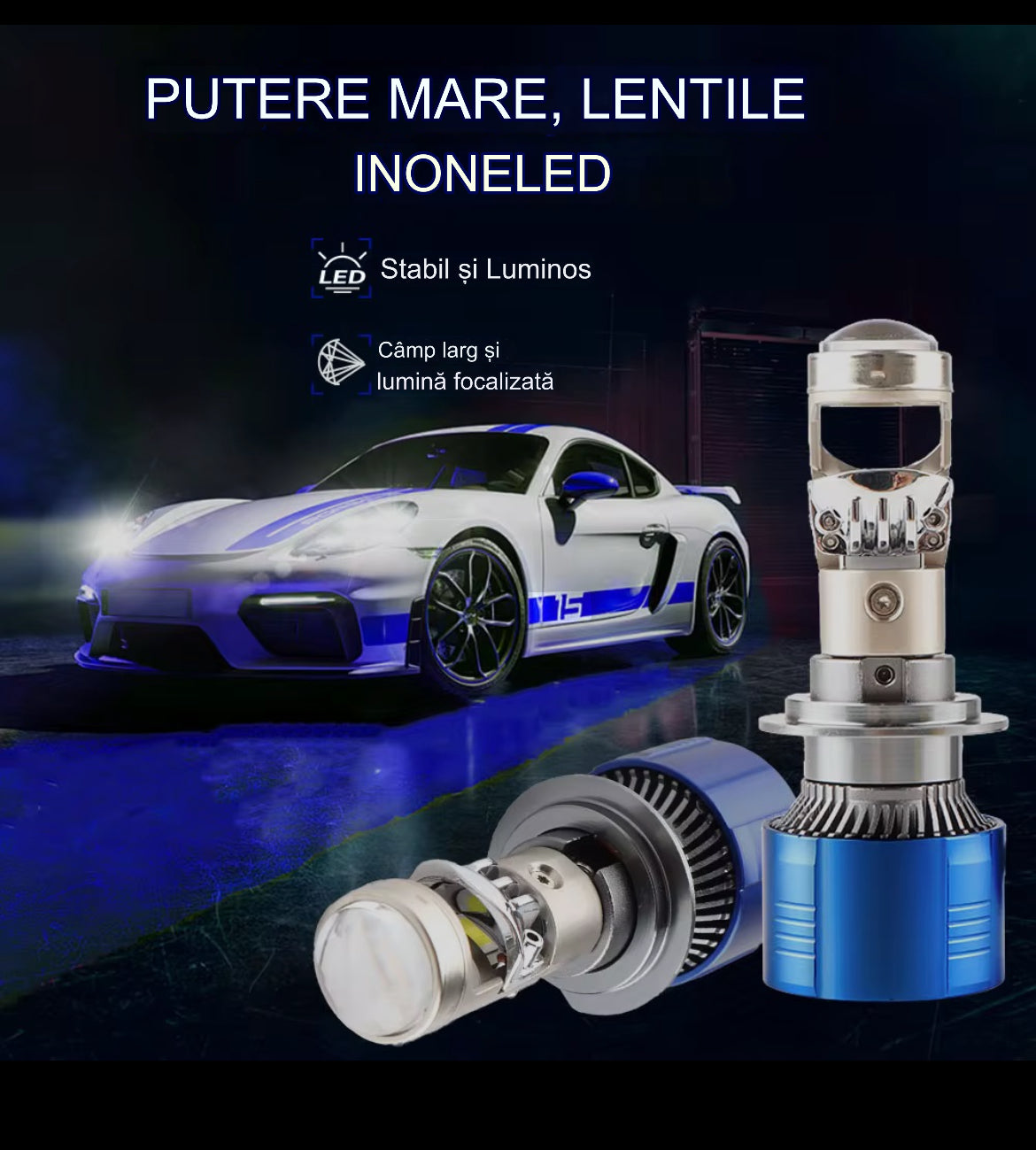 Set 2 becuri LED  cu lupa ,Canbus, 280w, 28.000lm, alb 6000k, IP68, compatibil H1, H4, H7, H11