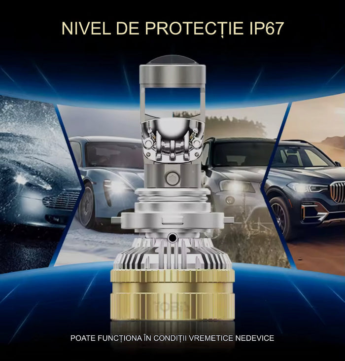 Set 2  Becuri LED  cu lupa 12/24v ,Canbus Performant, 200w, 23.000lm, alb 6000k, IP68, compatibi H4, H7