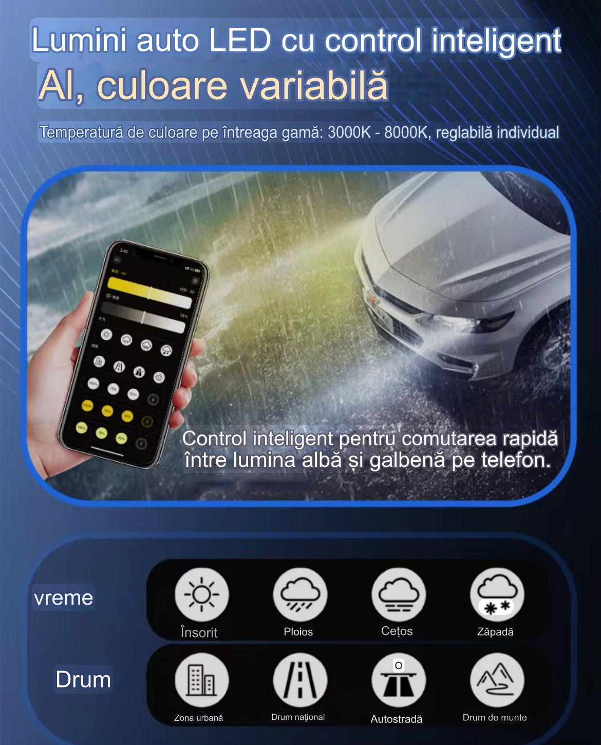 Set 2 Becuri Led Premium cu aplicatie ,210 w ,27000lm,alb,galben (3000,4300 si 6000k)