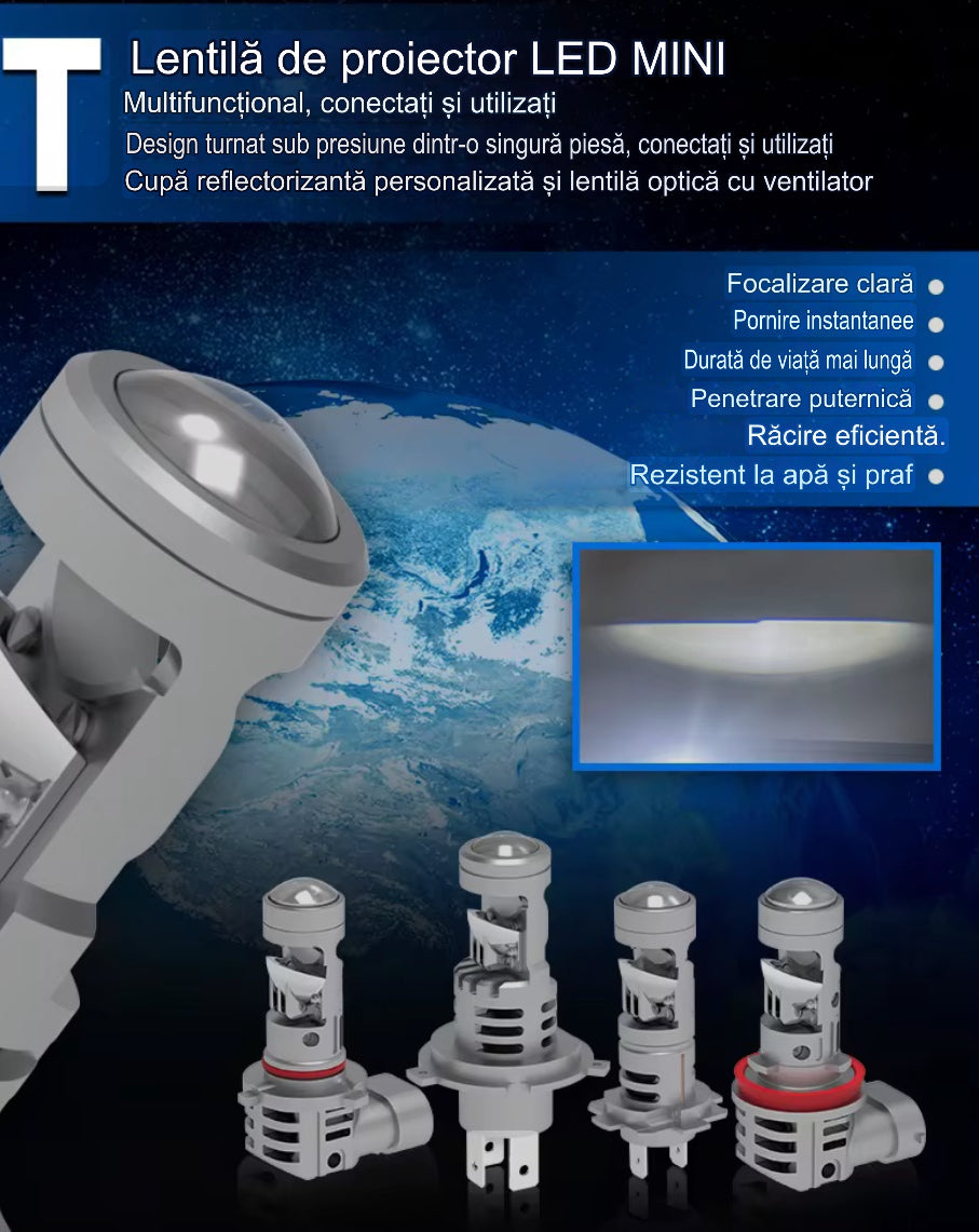 Set 2 becuri LED  cu lupa ,Canbus, 180w, 18.000lm, alb 6000k, IP68, compatibil H1, H4, H7, H11