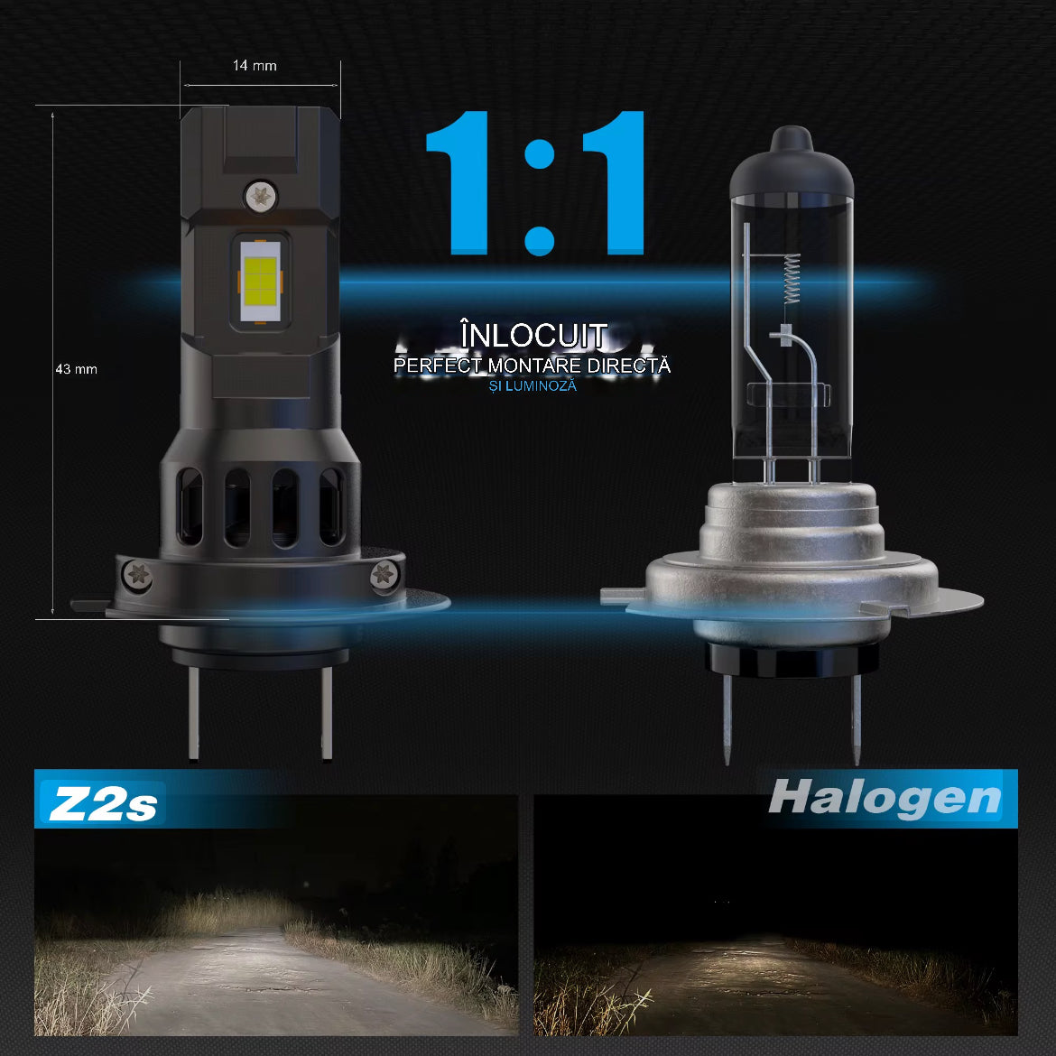 Set 2 becuri LED auto 6000K, 12V, fără polaritate, IP68, compatibile H1 H4 H7 H11 HB3 HB4 9012 - Compatibile 1:1