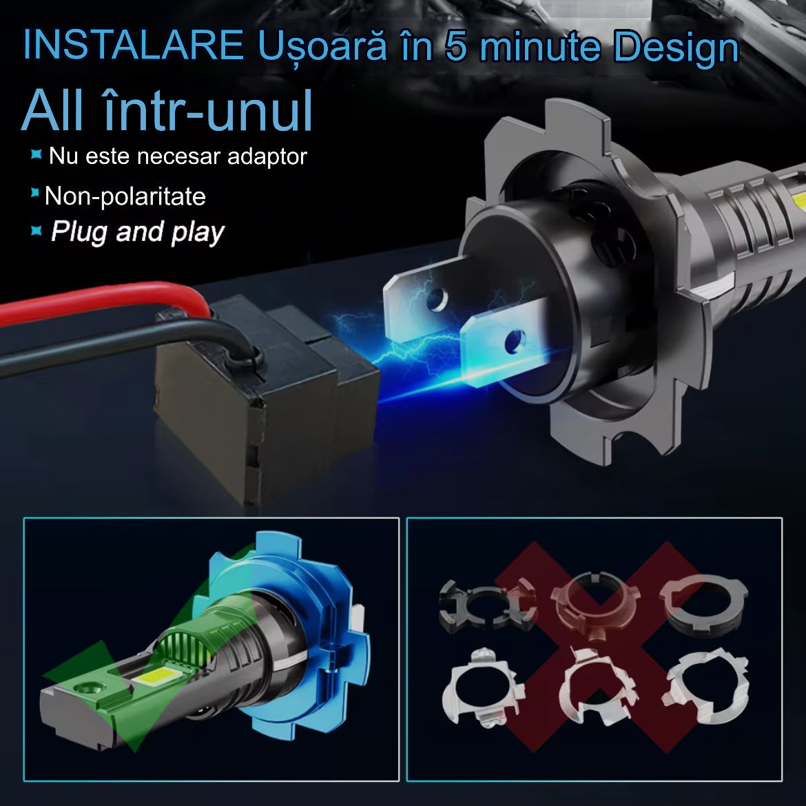 Set 2 becuri LED auto 6000K, 12V, fără polaritate, IP68, compatibile H1 H4 H7 H11 HB3 HB4 9012 - Compatibile 1:1