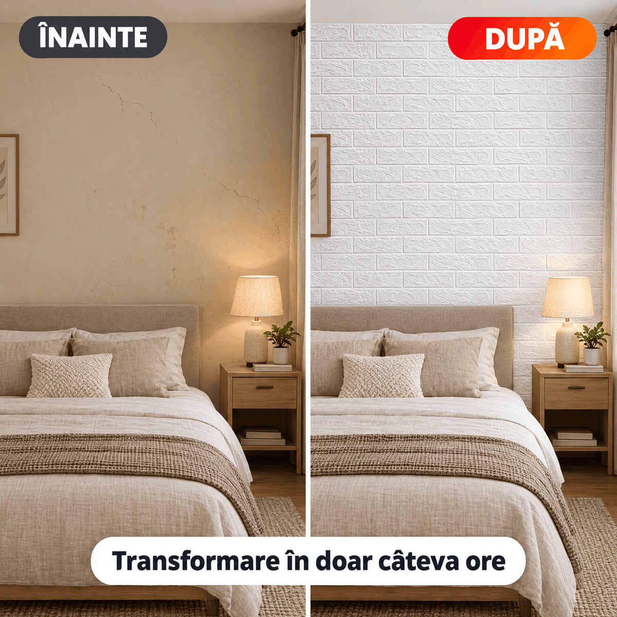 Tapet 3D Autoadeziv Imitație Cărămidă, Alb – Plăci 70x77 cm, Lavabil, Rezistent la Apă