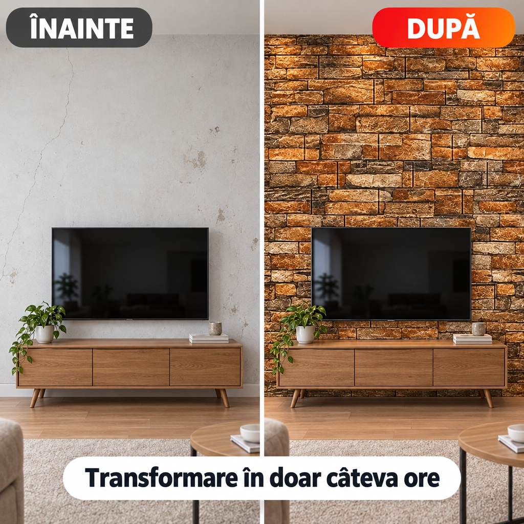 Tapet 3D Autoadeziv Imitație Cărămidă, Maro – Plăci 70x77 cm, Lavabil, Rezistent la Apă