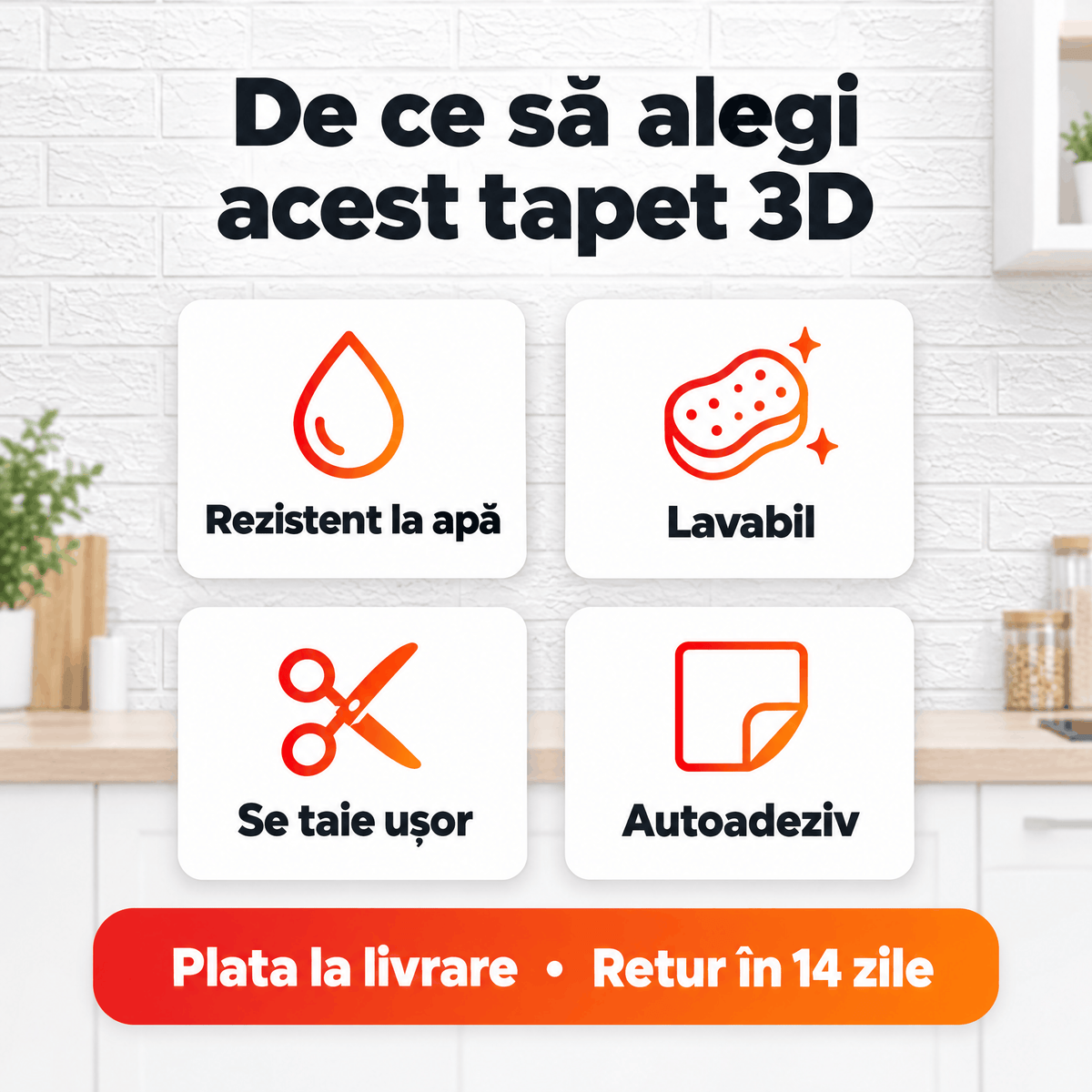 Tapet 3D Autoadeziv Imitație Cărămidă, Alb – Plăci 70x77 cm, Lavabil, Rezistent la Apă