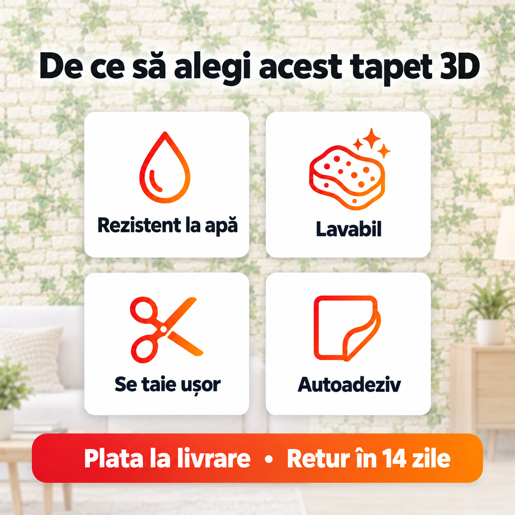 Tapet 3D Autoadeziv Imitație Cărămidă TG-104 – Plăci 70x77 cm, Lavabil, Rezistent la Apă