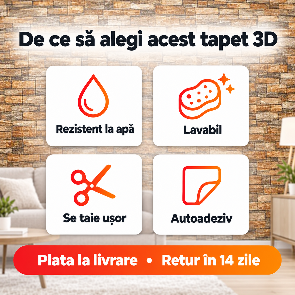 Tapet 3D Autoadeziv Imitație Cărămidă, Maro – Plăci 70x77 cm, Lavabil, Rezistent la Apă