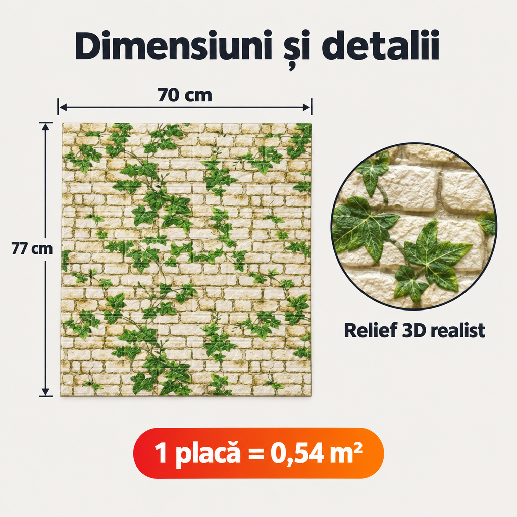Tapet 3D Autoadeziv Imitație Cărămidă TG-104 – Plăci 70x77 cm, Lavabil, Rezistent la Apă