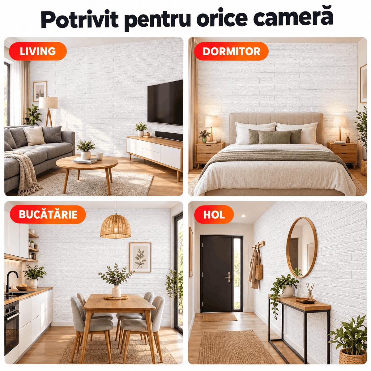 Tapet 3D Autoadeziv Imitație Cărămidă, Alb – Plăci 70x77 cm, Lavabil, Rezistent la Apă