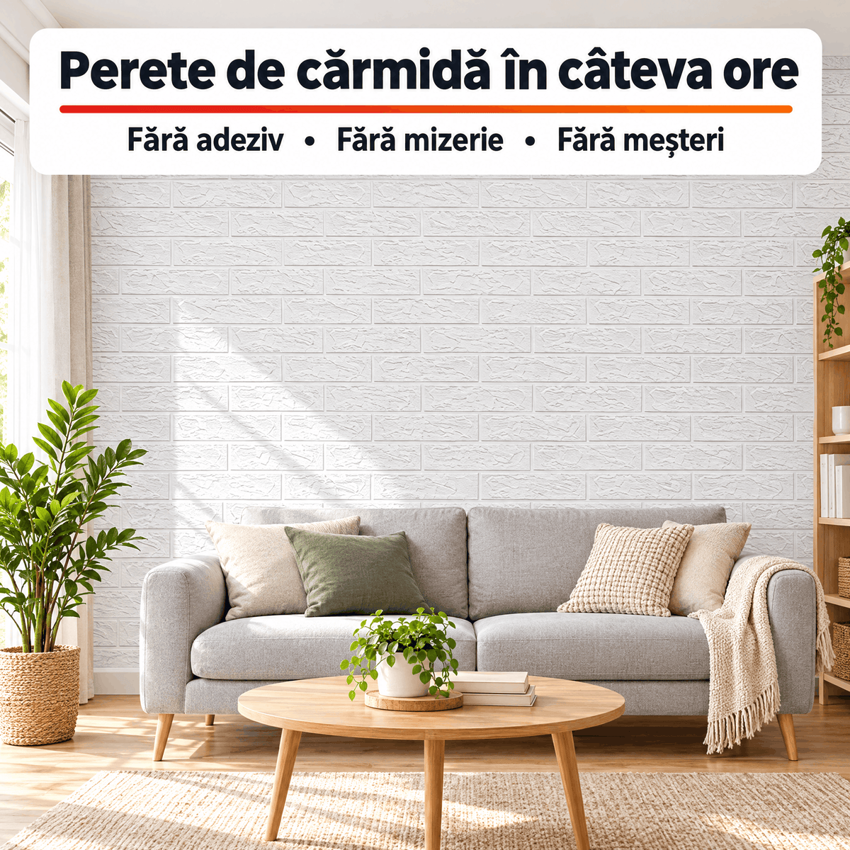 Tapet 3D Autoadeziv Imitație Cărămidă, Alb – Plăci 70x77 cm, Lavabil, Rezistent la Apă