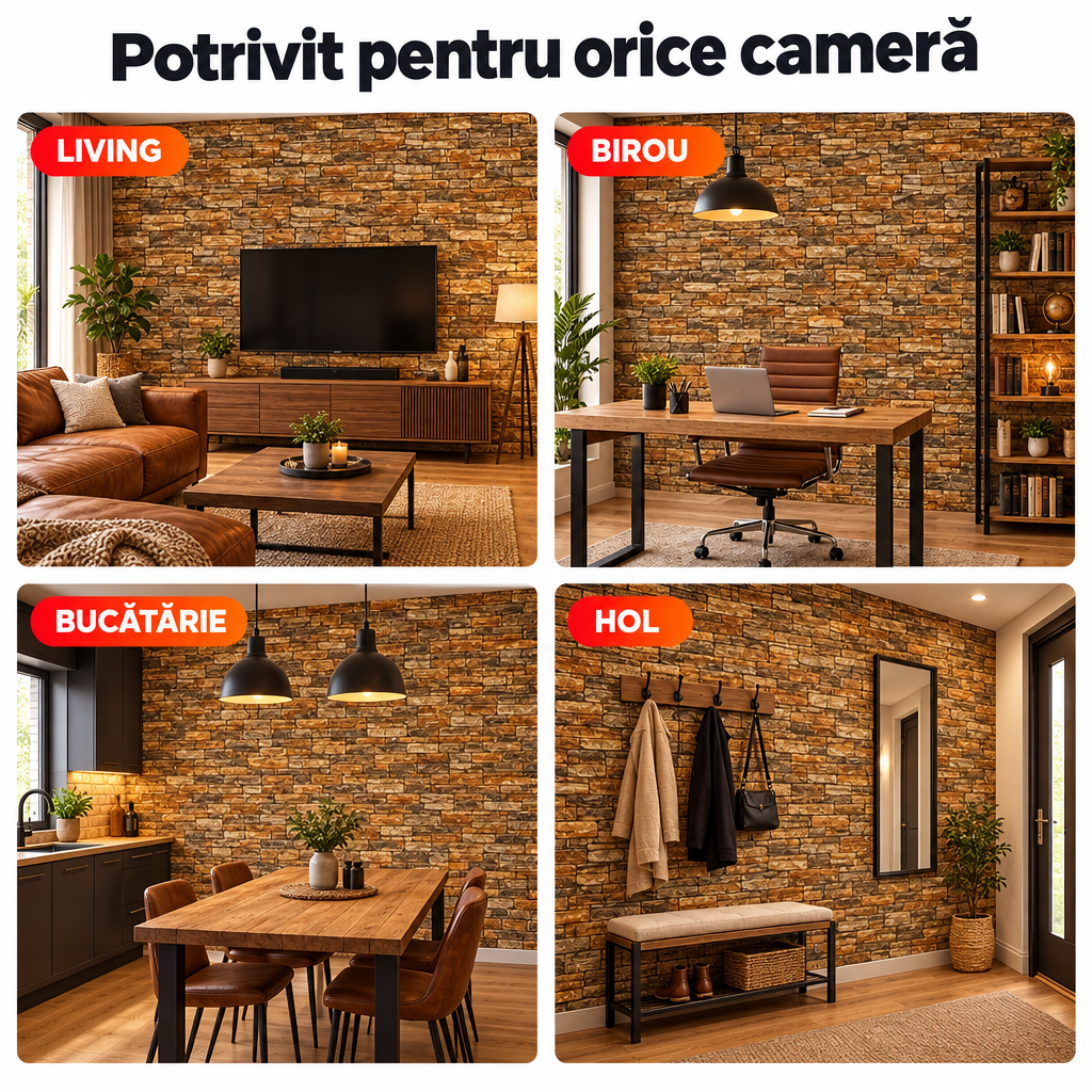 Tapet 3D Autoadeziv Imitație Cărămidă, Maro – Plăci 70x77 cm, Lavabil, Rezistent la Apă