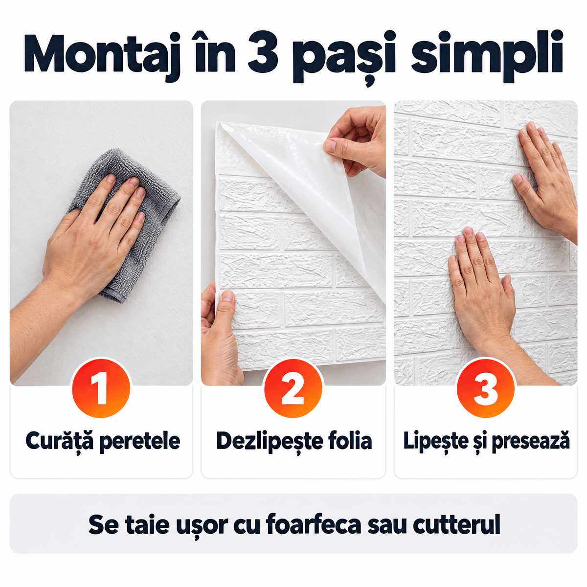 Tapet 3D Autoadeziv Imitație Cărămidă, Alb – Plăci 70x77 cm, Lavabil, Rezistent la Apă