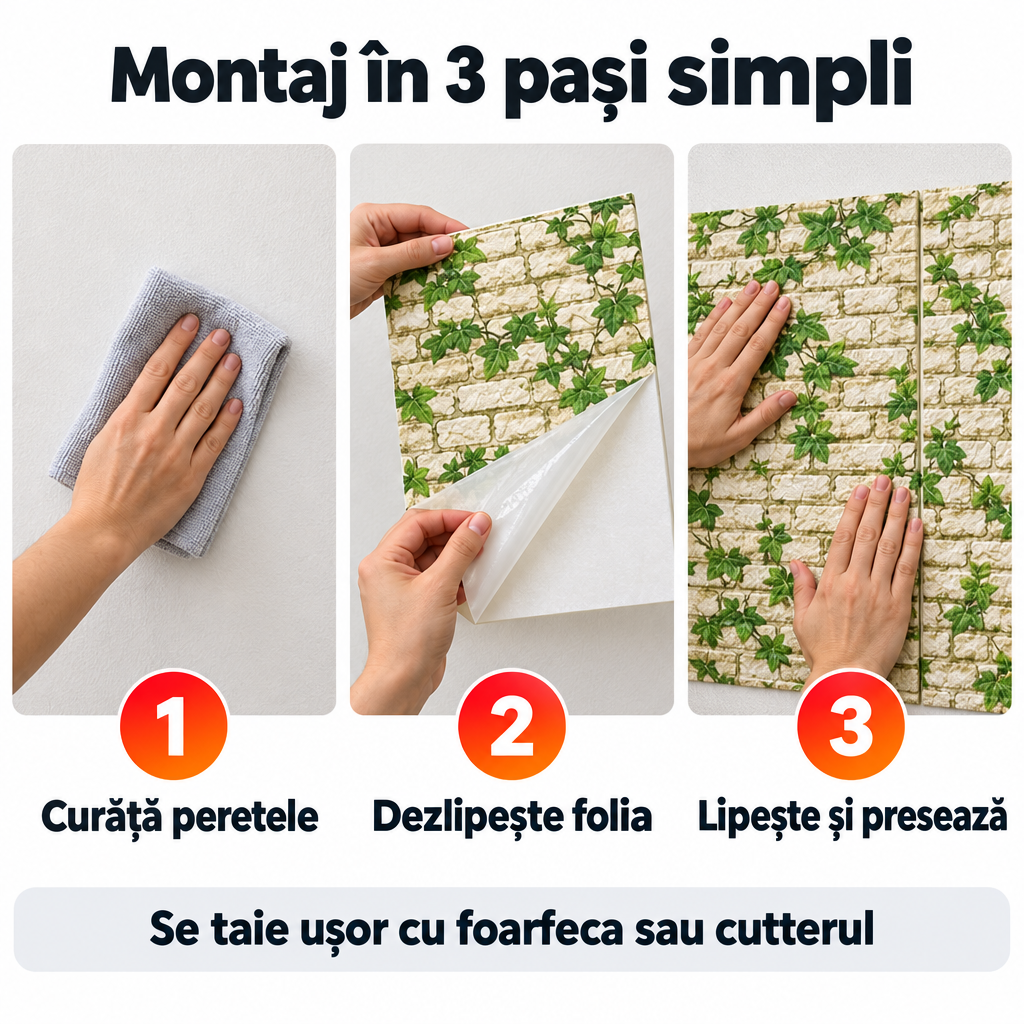 Tapet 3D Autoadeziv Imitație Cărămidă TG-104 – Plăci 70x77 cm, Lavabil, Rezistent la Apă
