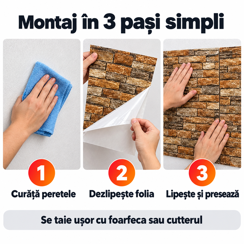 Tapet 3D Autoadeziv Imitație Cărămidă, Maro – Plăci 70x77 cm, Lavabil, Rezistent la Apă