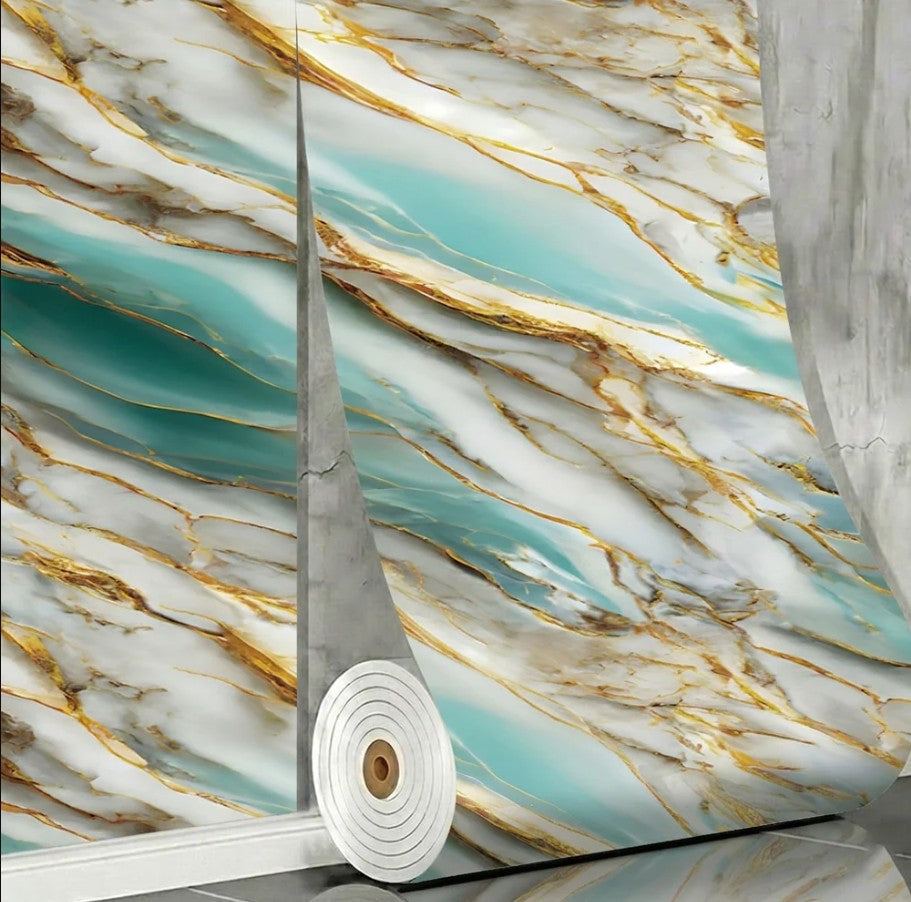 Tapet Autocolant 3D Imitație Marmură Verde/Auriu – imagine 2