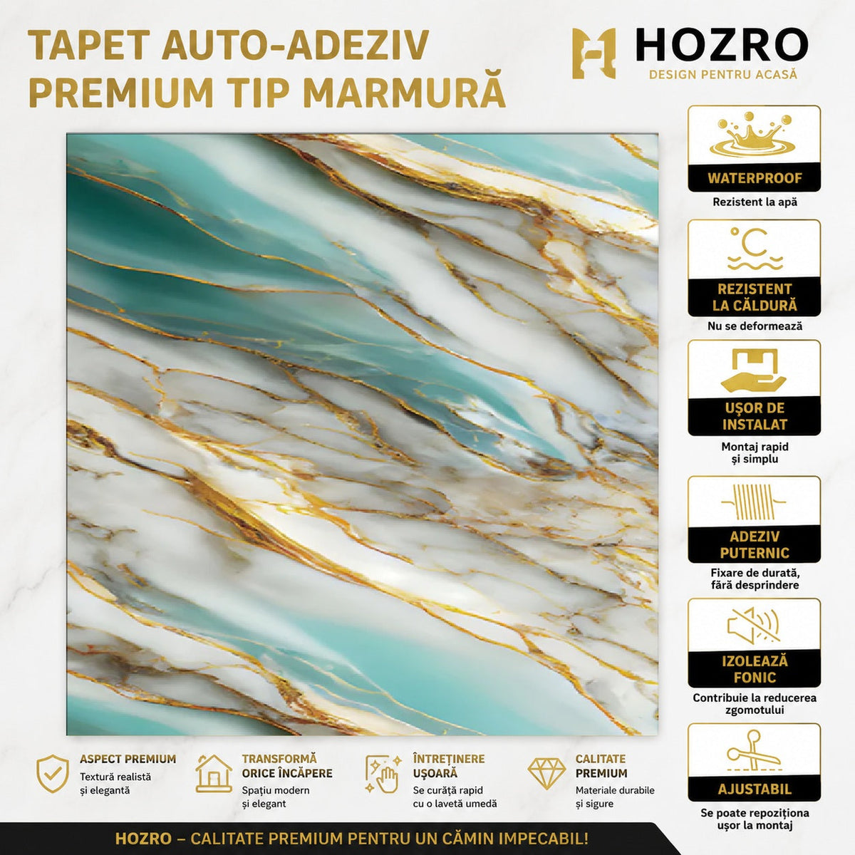 Tapet Autocolant 3D Imitație Marmură Verde/Auriu – imagine 4
