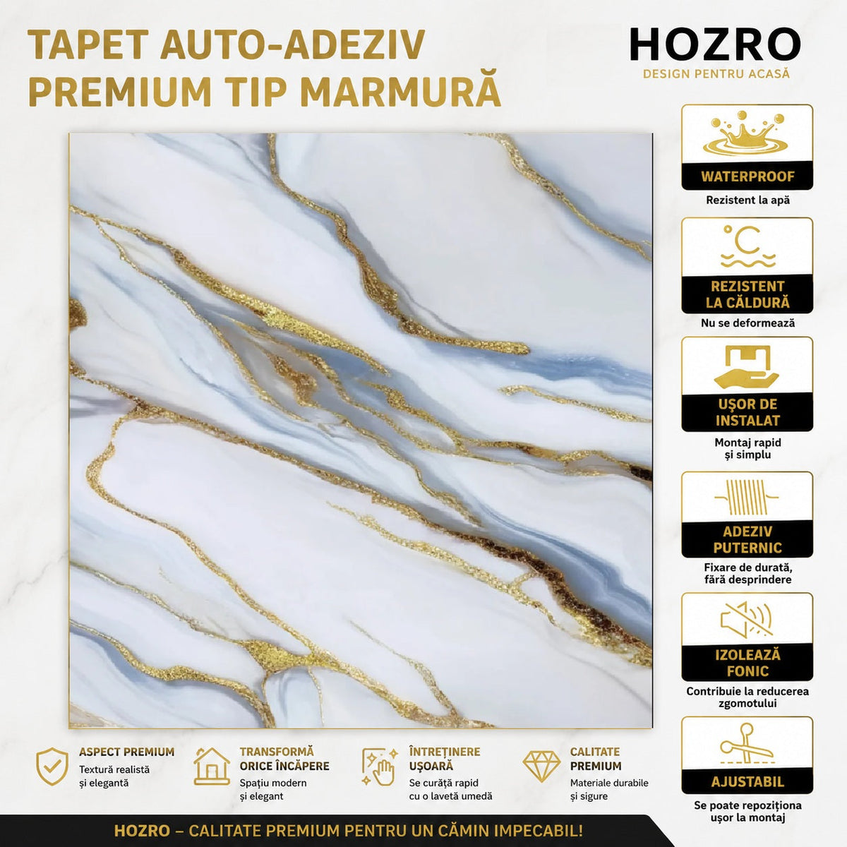 Tapet Autocolant 3D Imitație Marmură Albastru Deschis/Auriu – imagine 3