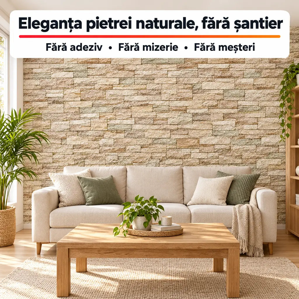 Tapet 3D autoadeziv imitație piatră stratificată crem – living