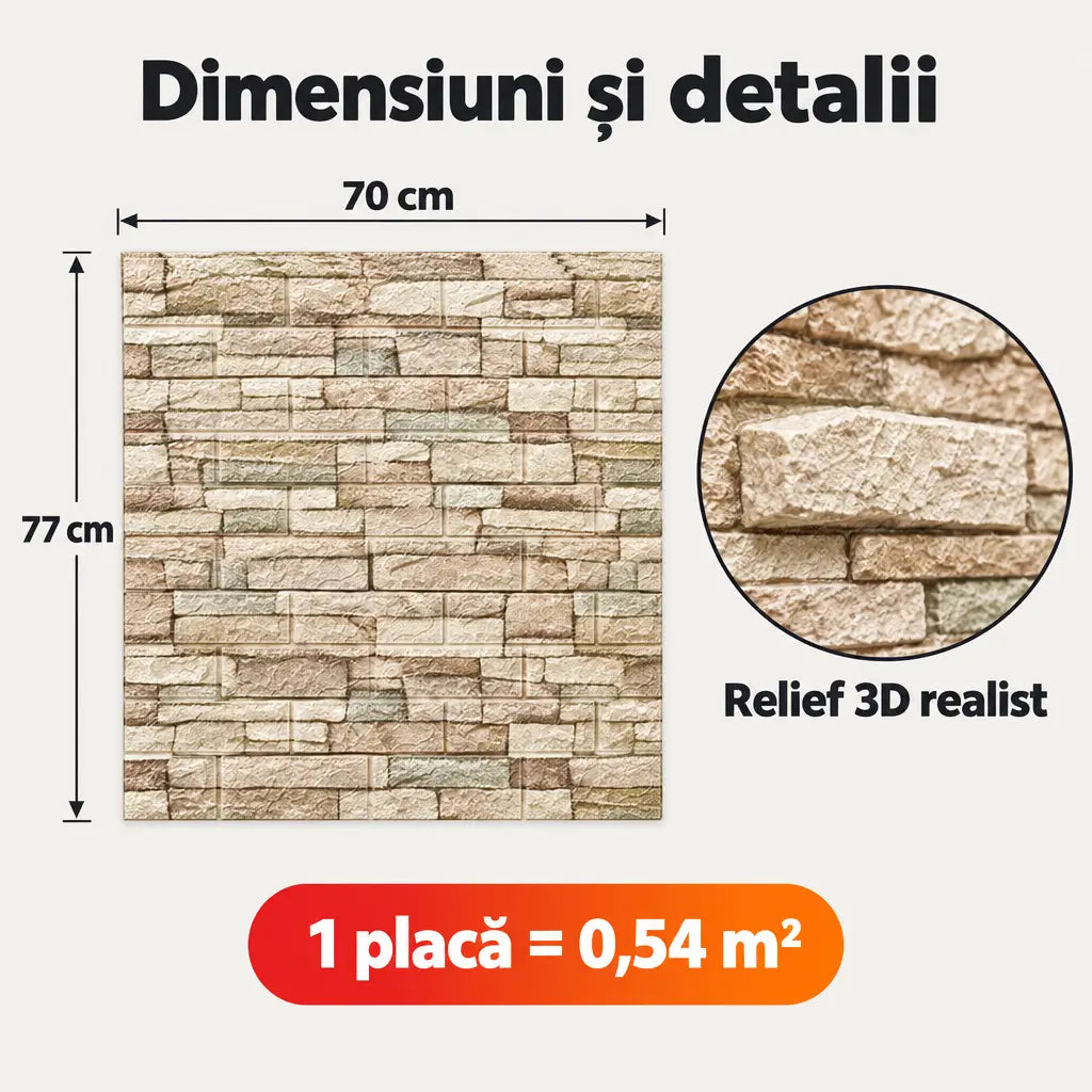 Tapet 3D piatră stratificată crem – dimensiuni placă 70x77 cm