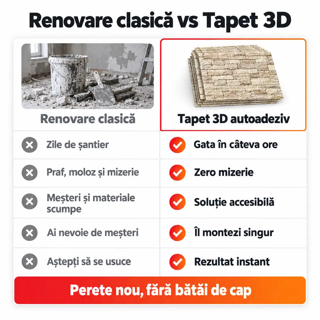 Renovare clasică vs tapet 3D autoadeziv
