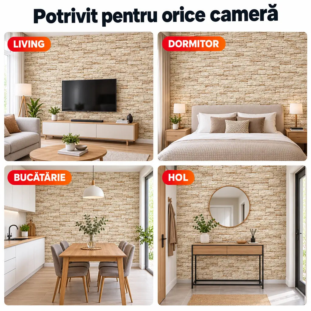 Tapet 3D piatră stratificată crem – living, dormitor, bucătărie, hol