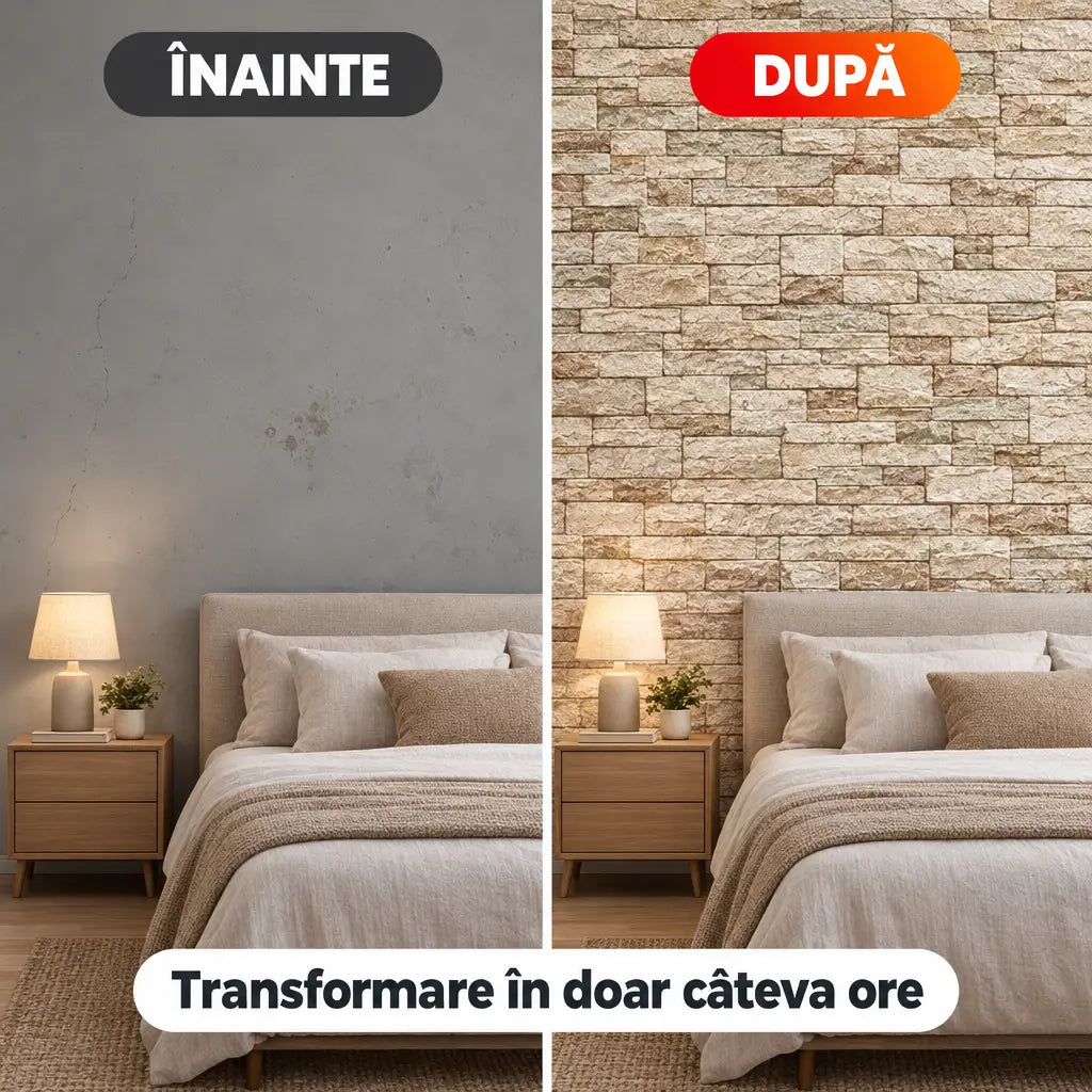 Tapet 3D piatră stratificată crem – înainte și după