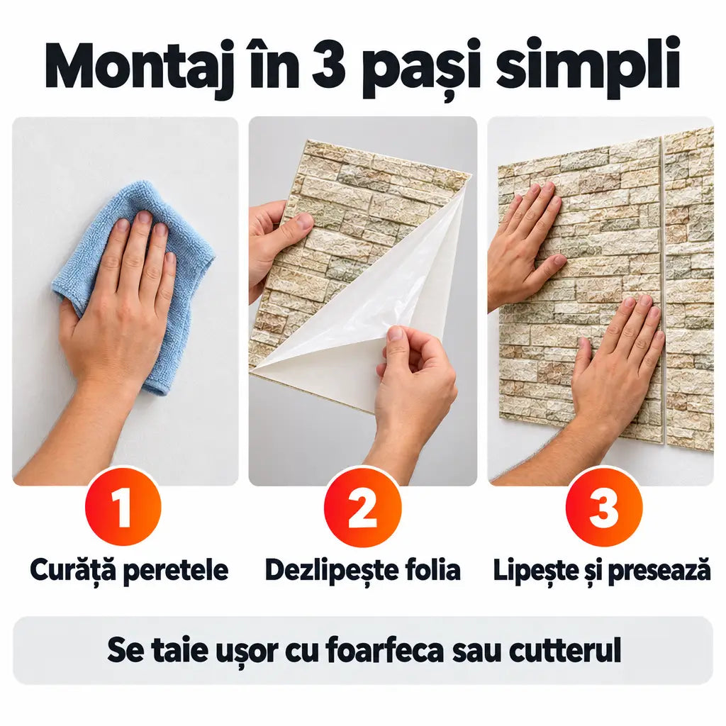 Montaj tapet 3D autoadeziv în 3 pași