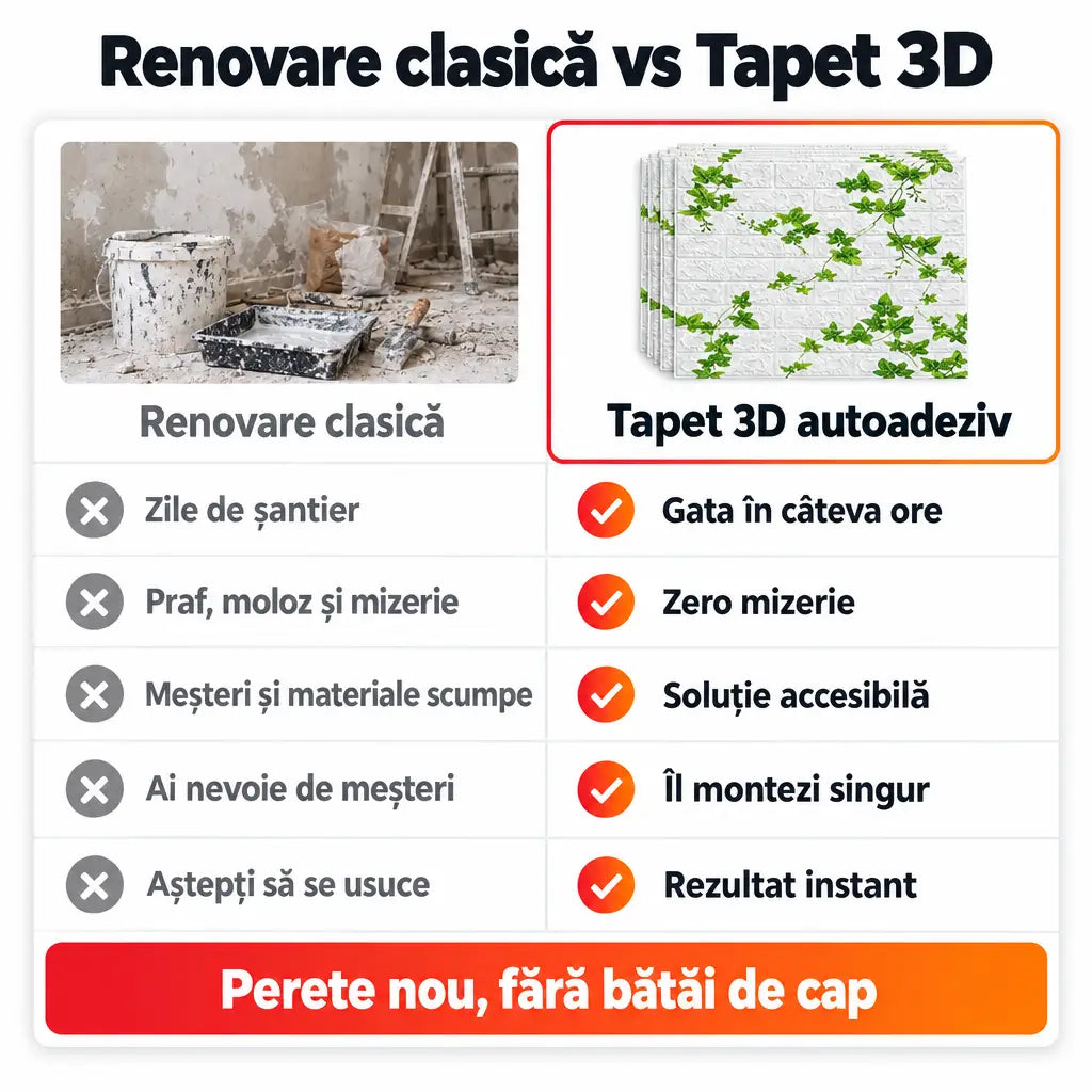 Renovare clasică vs tapet 3D autoadeziv