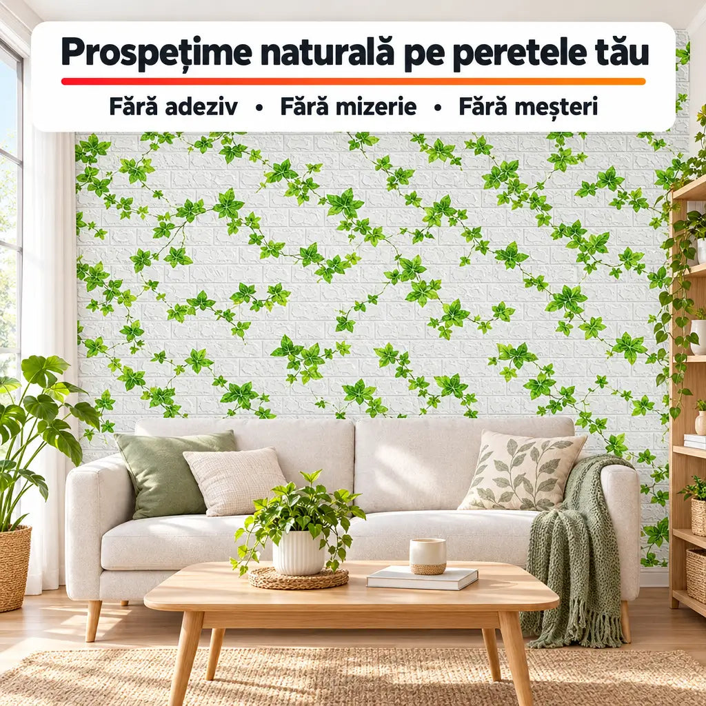 Tapet 3D autoadeziv cărămidă albă cu iederă – living