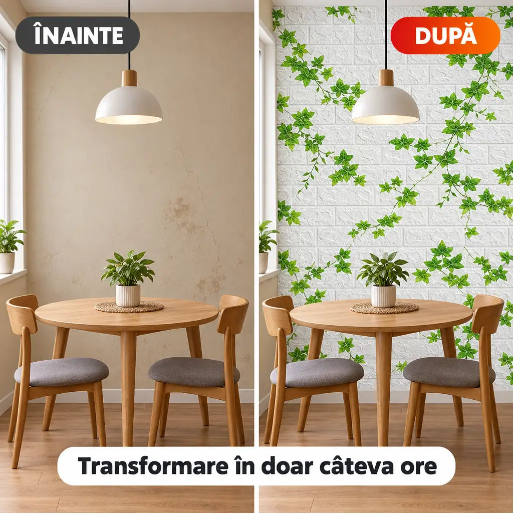 Tapet 3D cărămidă cu iederă – înainte și după