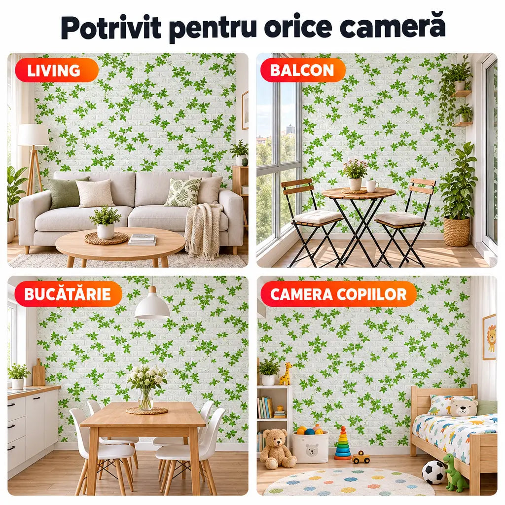 Tapet 3D cărămidă cu iederă – living, balcon, bucătărie, camera copiilor