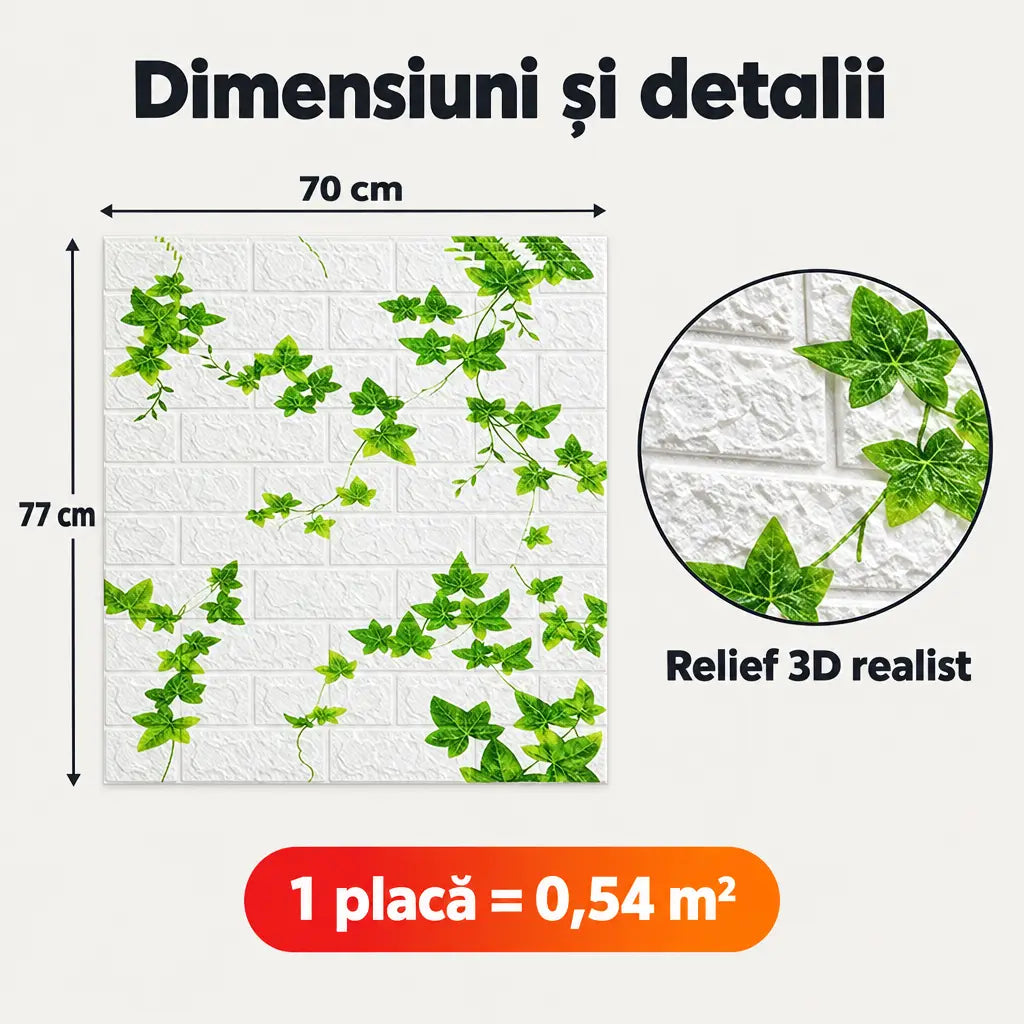Tapet 3D cărămidă cu iederă – dimensiuni placă 70x77 cm