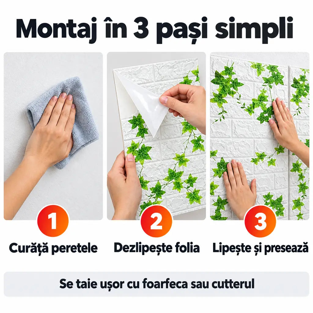 Montaj tapet 3D autoadeziv în 3 pași