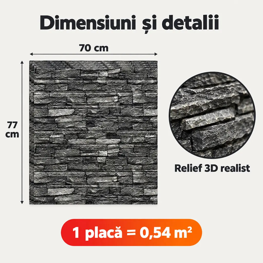 Tapet 3D piatră gri – dimensiuni placă 70x77 cm