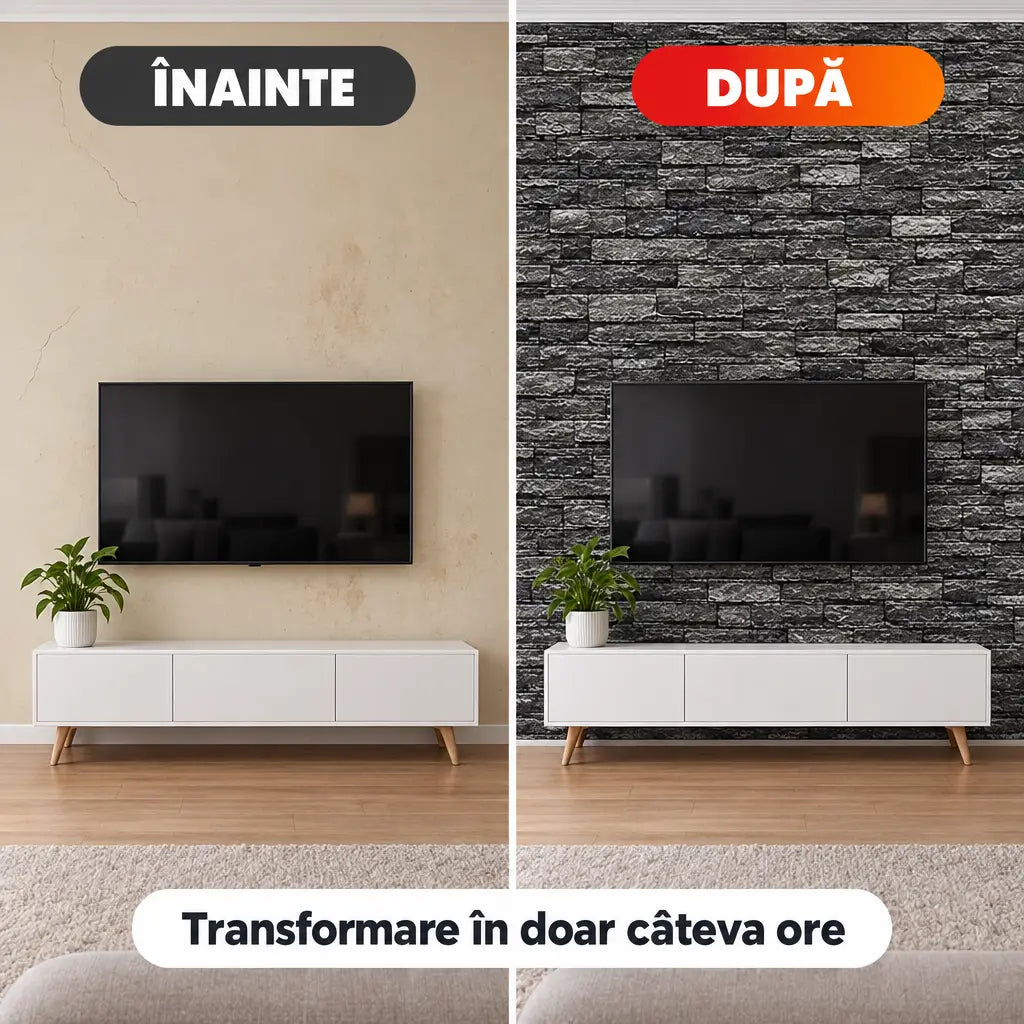 Tapet 3D piatră gri – înainte și după