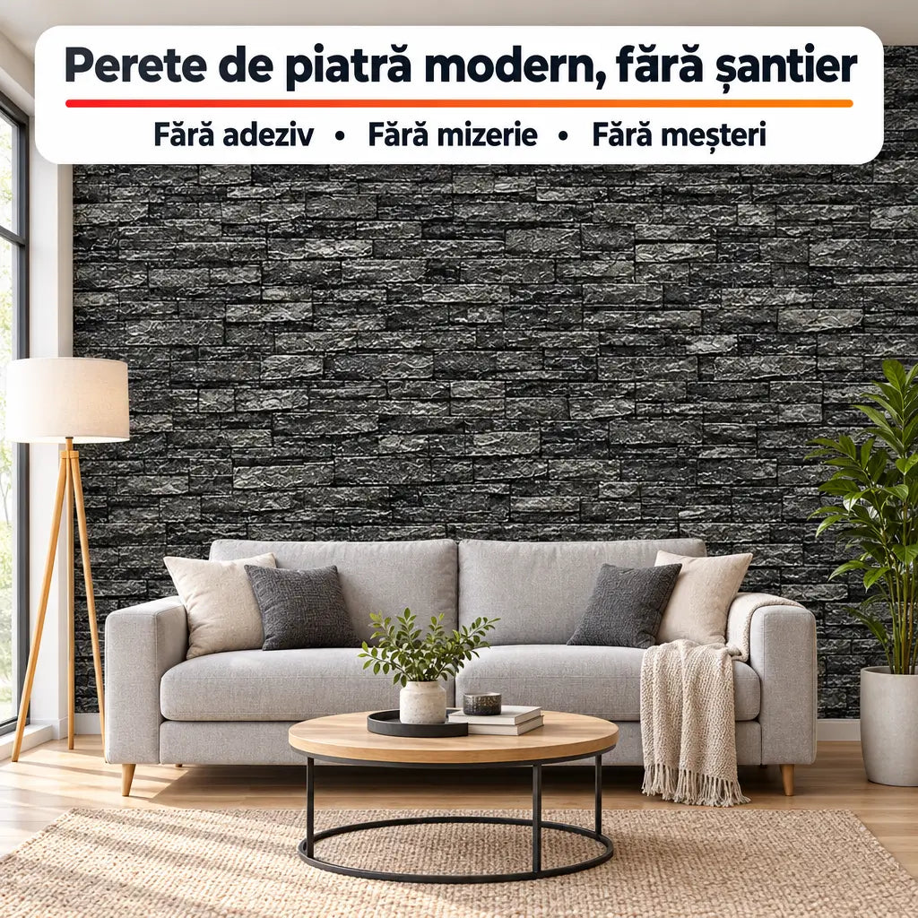 Tapet 3D autoadeziv piatră gri antracit – living
