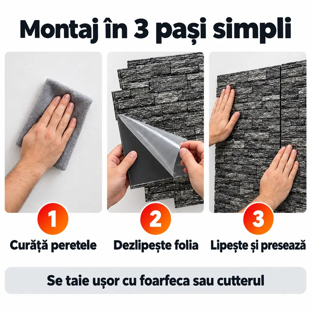 Montaj tapet 3D autoadeziv în 3 pași