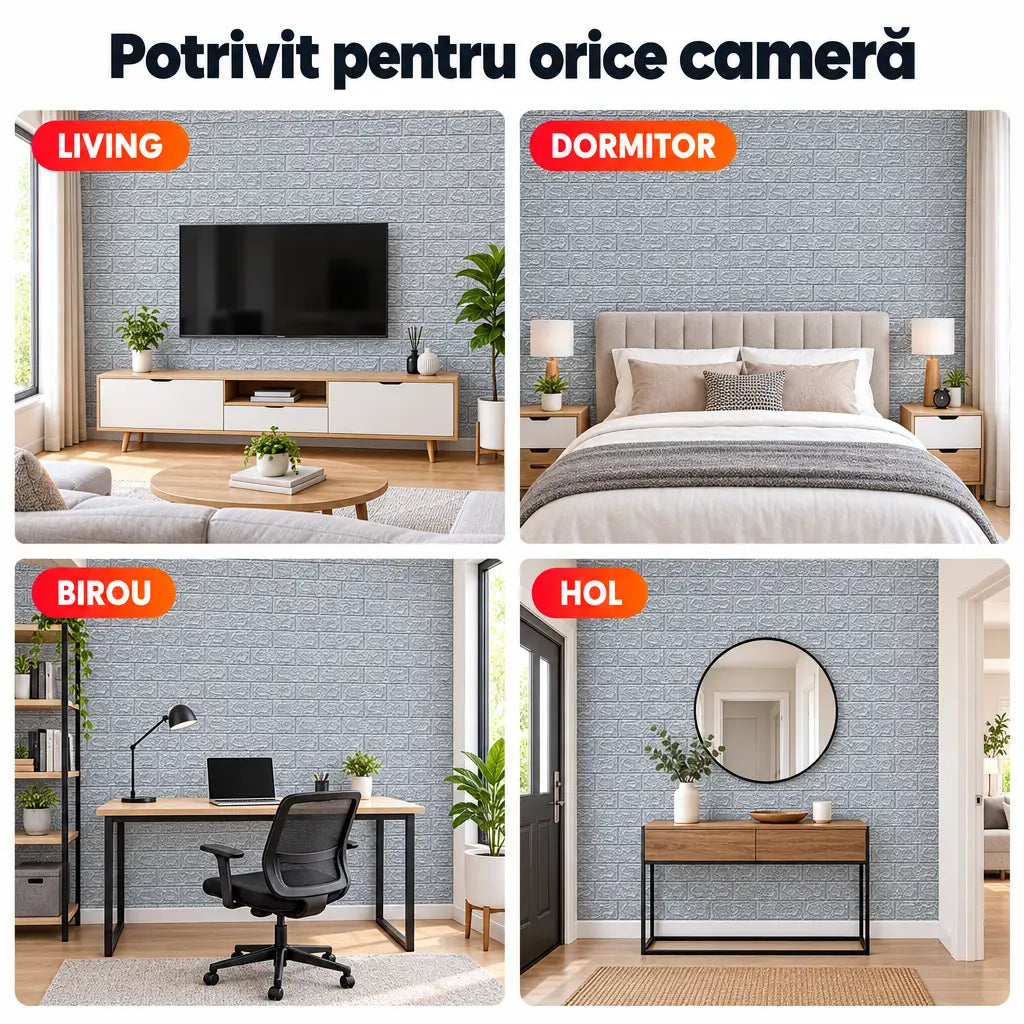 Tapet 3D cărămidă argintiu în living, dormitor, birou și hol