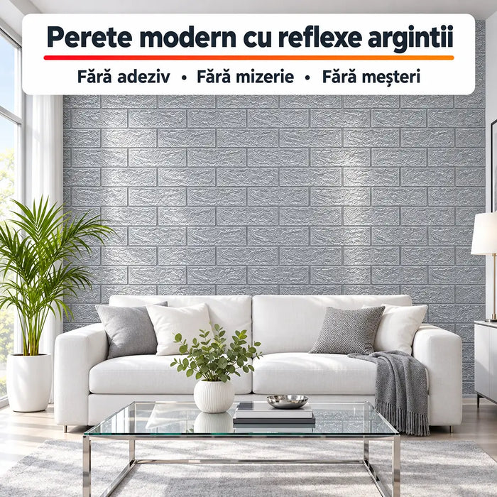 Tapet 3D Autoadeziv Imitație Cărămidă, Argintiu – imagine 2