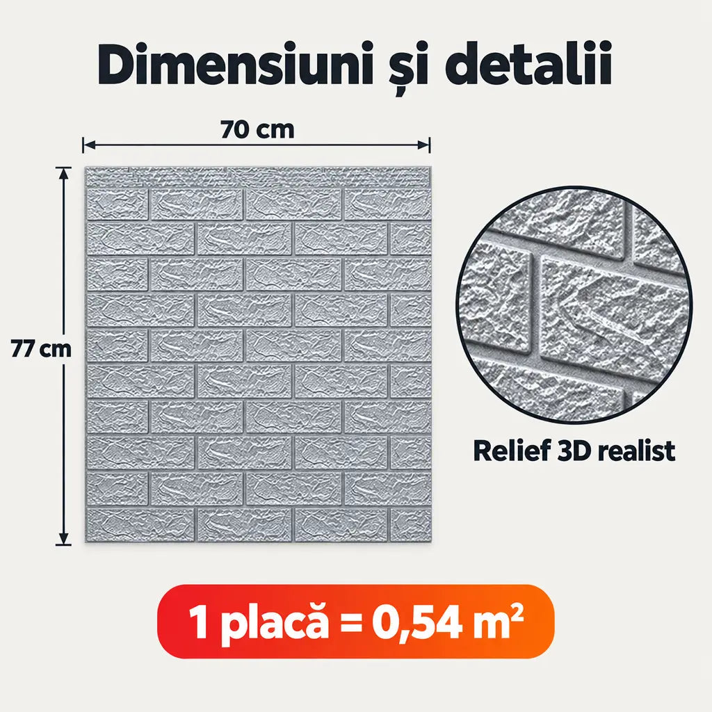 Dimensiuni placă tapet 3D argintiu 70x77 cm, 0,54 m²