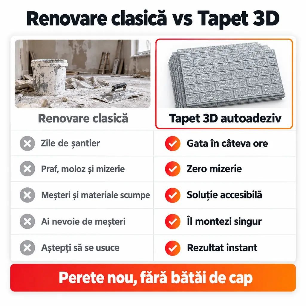Renovare clasică vs tapet 3D autoadeziv argintiu