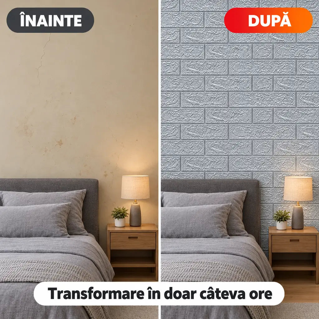 Înainte și după montaj tapet 3D cărămidă argintiu în dormitor