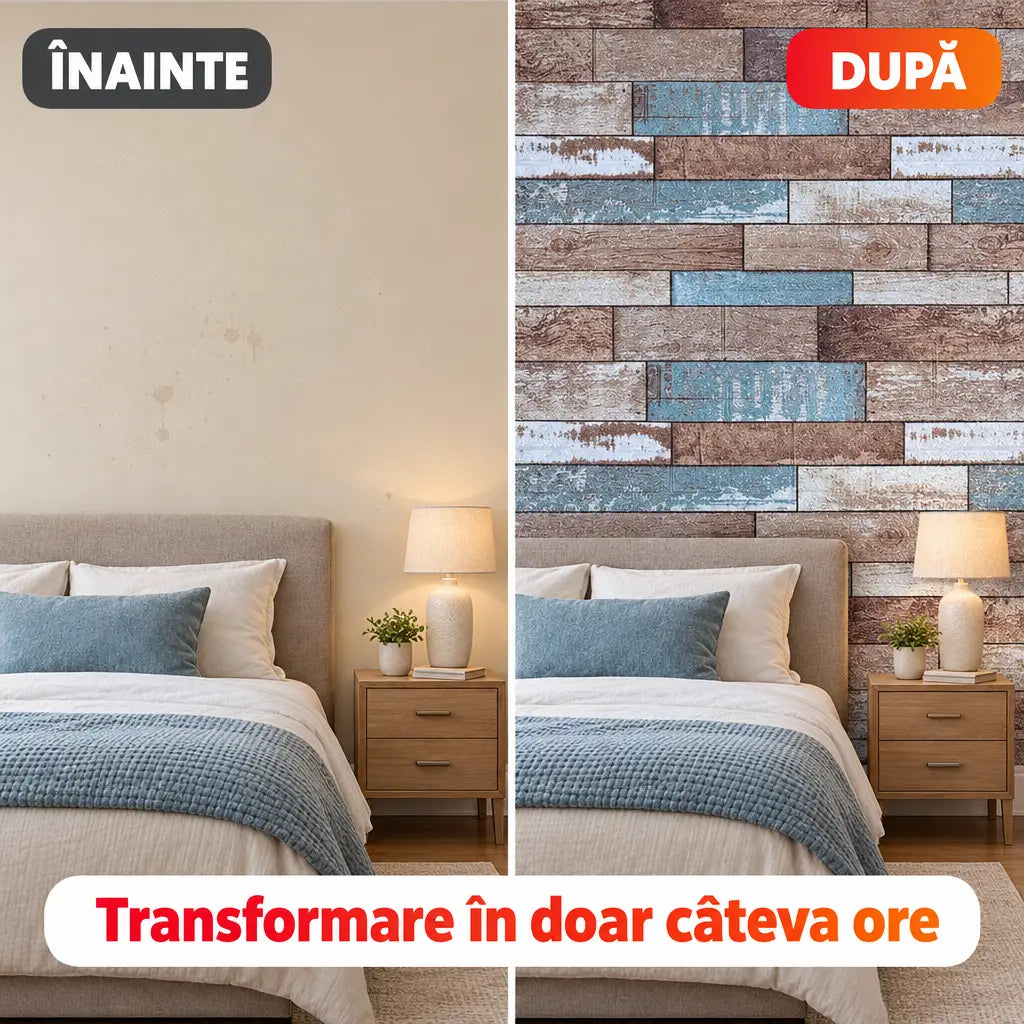 Înainte și după montaj tapet 3D cărămidă multicolor în dormitor