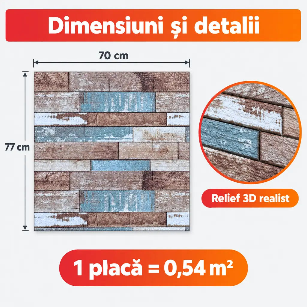 Dimensiuni placă tapet 3D multicolor 70x77 cm, 0,54 m²