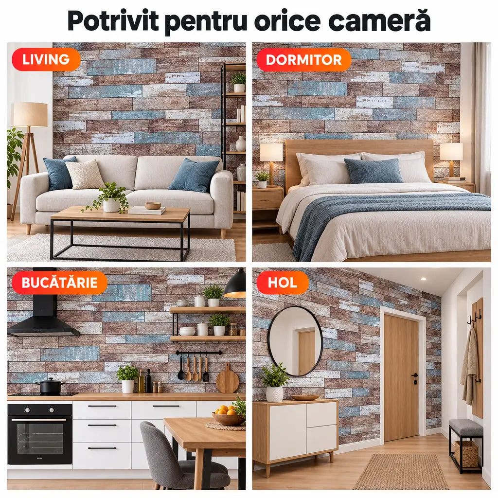 Tapet 3D cărămidă multicolor în living, dormitor, bucătărie și hol