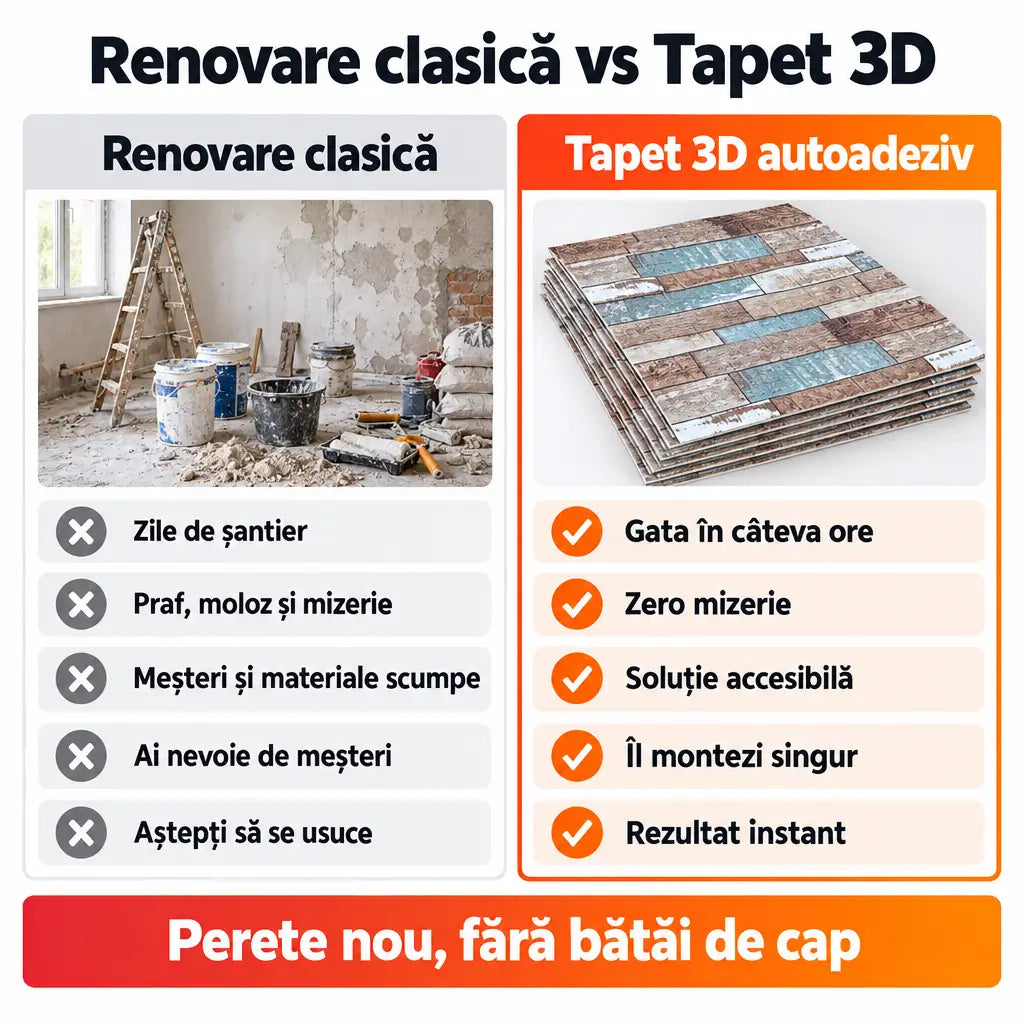 Renovare clasică vs tapet 3D autoadeziv multicolor