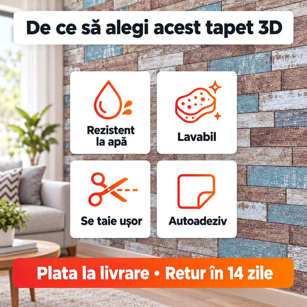 Beneficii tapet 3D multicolor: rezistent la apă, lavabil, se taie ușor, autoadeziv