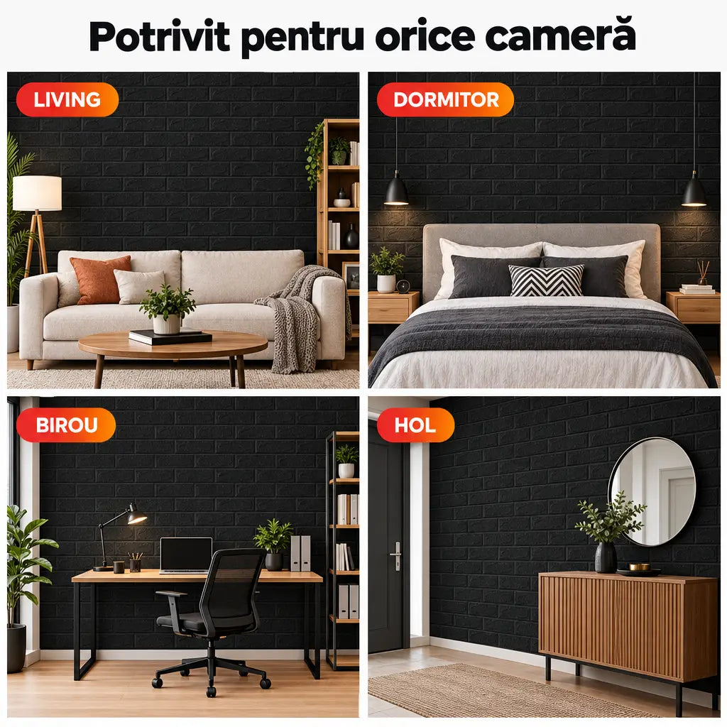 Tapet 3D cărămidă negru în living, dormitor, birou și hol